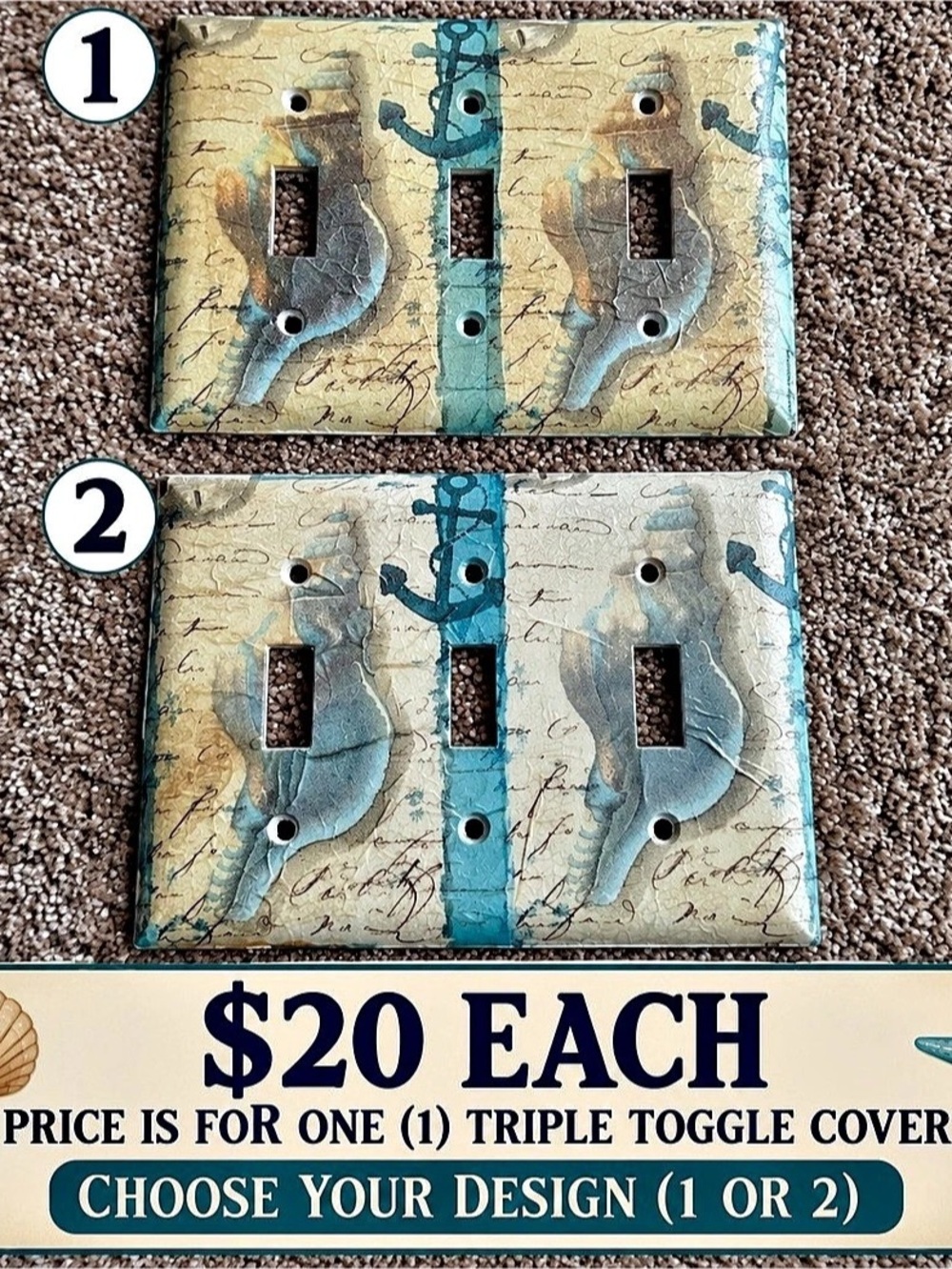 Coastal Beach Triple Light Switch Cover – Nautical Decor – $20 Each